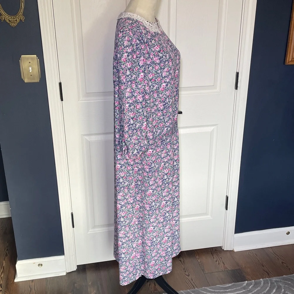 Vintage KSL Floral Midi Dress Crochet Collar Pink & Blue 3/4 Sleeve Size 20 - Picture 4 of 13